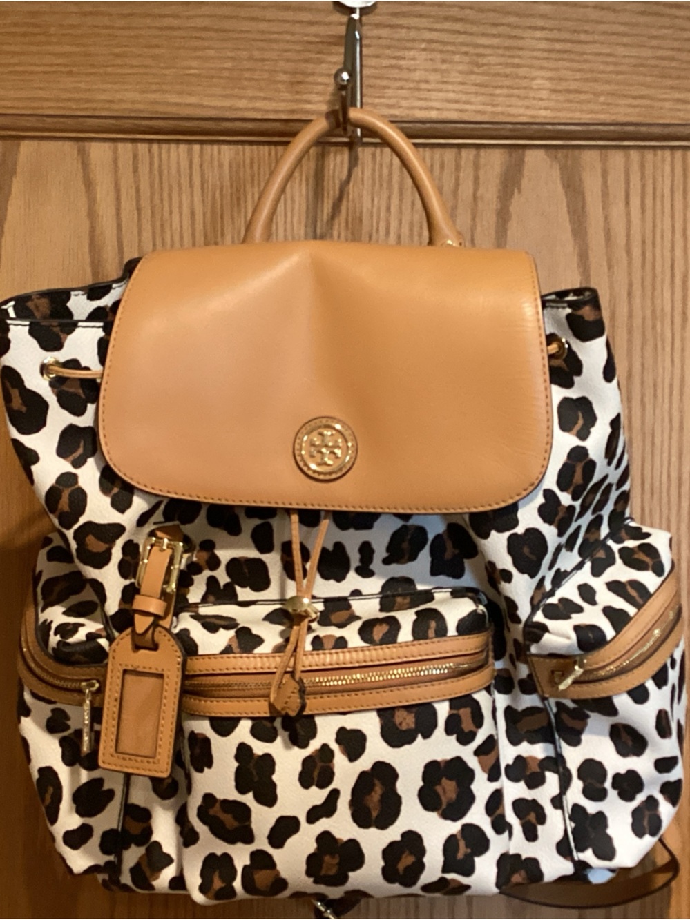Tory Burch Leopard Print Canvas Backpack with Tan Leather Flap